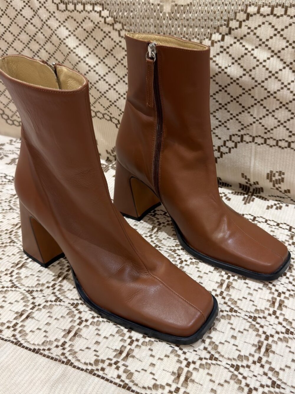 Ana Palma Brown Leather Square Toe Block Heel Ankle Boots Women's US 9